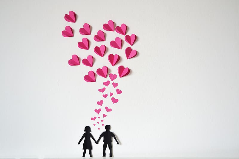 :), valentine, silhouette, card, pink, couple, love, day, heart, origami, paper, HD wallpaper
