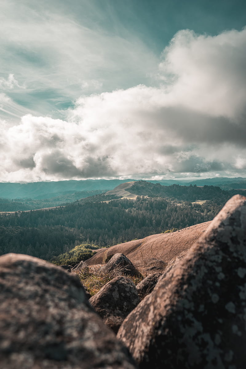 mountains, hills, stones, clouds, landscape, HD phone wallpaper