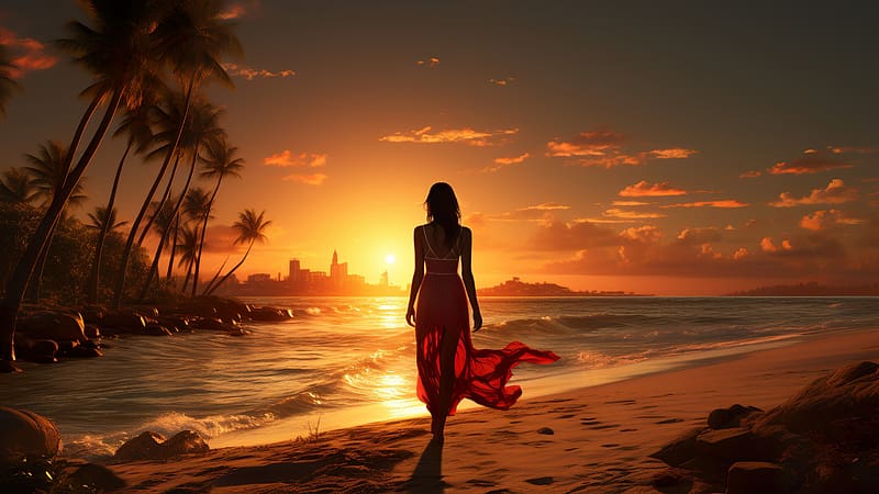 girl, sunset, Miami, beach, brunette, beauty, HD wallpaper