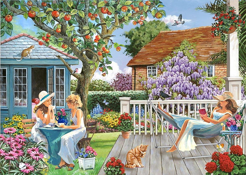 Ladies of Leisure, houses, tree, painting, garden, flowers, girls, artwork, HD wallpaper