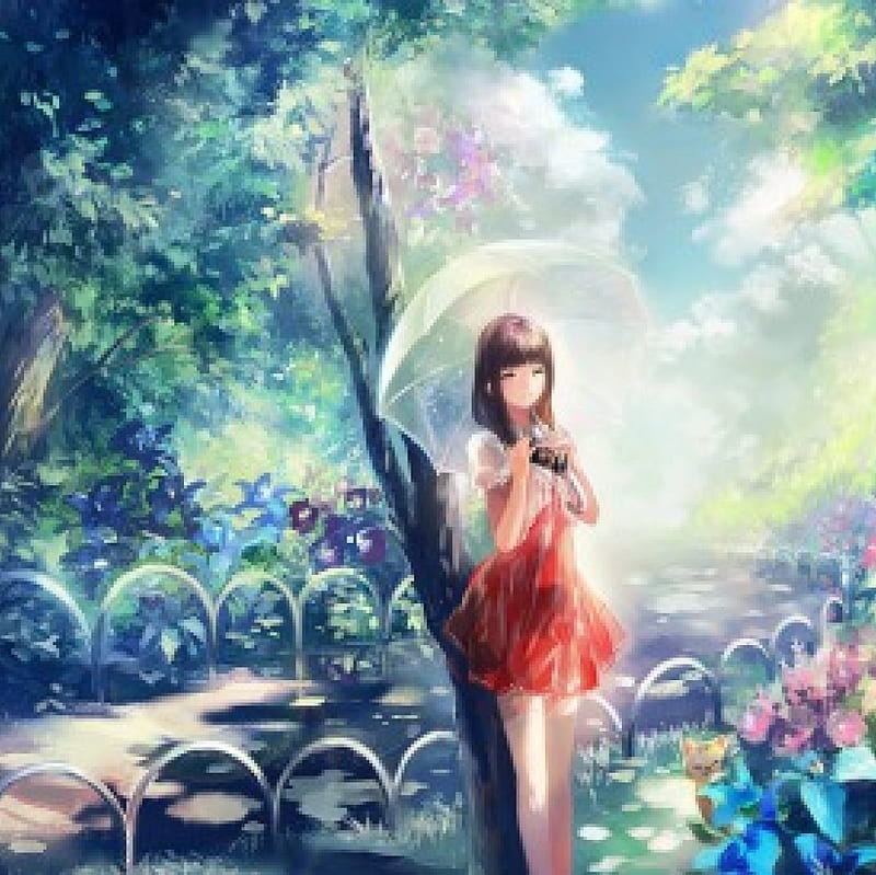 Which to Began, pretty, dress, glow, scenic, plant, umbrella, camera, bonito, sweet, blossom, nice, anime, beauty, anime girl, scenery, light, forest, female, lovely, smile, happy, tree, girl, flower, garden, nature, lady, scene, maiden, HD wallpaper
