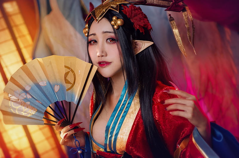 1080p Free Download Elf Princess Elf Red Fantasy Girl Cosplay Model Asian Hand Fan Hd 