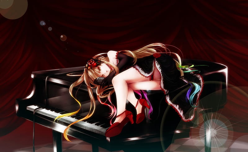 I'll Be Your Song, vocaloid, pretty, dress, piano, microphone, gloves, garter, anime, mayu, flowers, red shoes, long hair, HD wallpaper