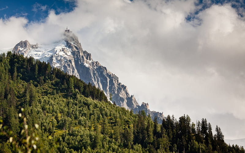 majestic mont blonc in the french alps, mountain, snoe, forest, peak, clouds, HD wallpaper