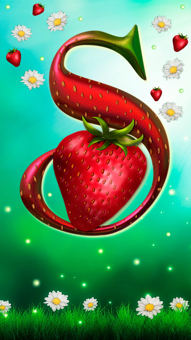 strawberry letter S, alphabet, chamomile, greens, letter, strawberry, summer, HD phone wallpaper