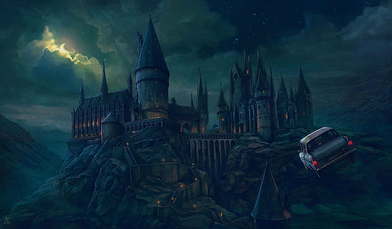 Hogwarts Castle, castle, ford anglia, school, wizard, HD wallpaper