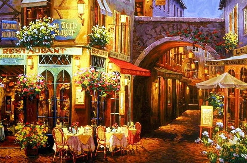 Evening in Provence, city, tables, restaurant, painting, street, artwork, HD wallpaper