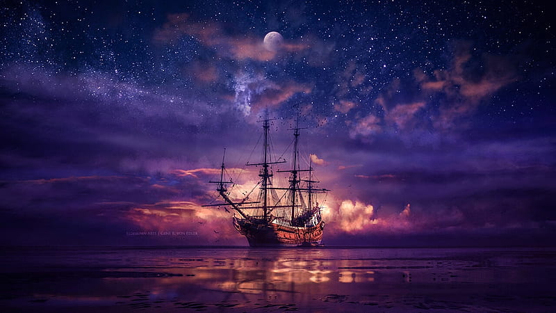 The boat, frumusete, cloud, luminos, sky, sea, moon, vara, fantasy, water, purple, ship, ellysiumn, gene raz von edler, summer, pink, blue, moon, HD wallpaper