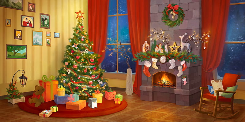 Christmas interior, christmas, interior, home, bonito, eve, winter, cozy, fireplace, tree, gifts, HD wallpaper
