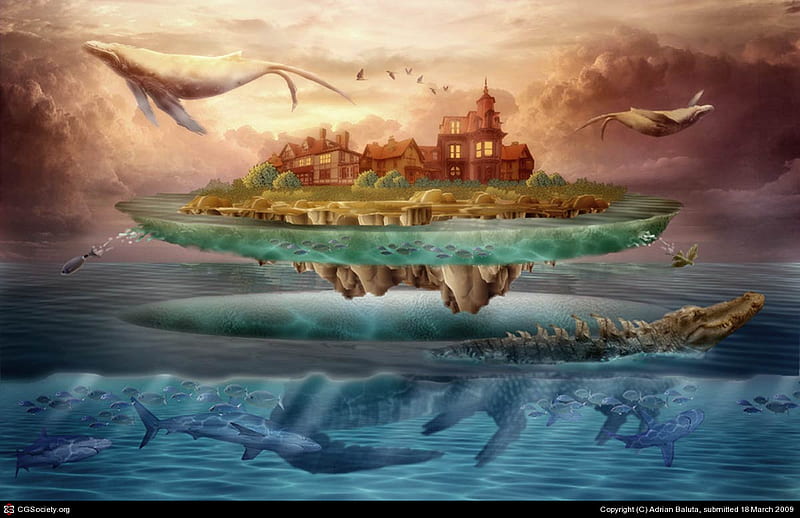 Flying City, shark, house, whale, castle, HD wallpaper