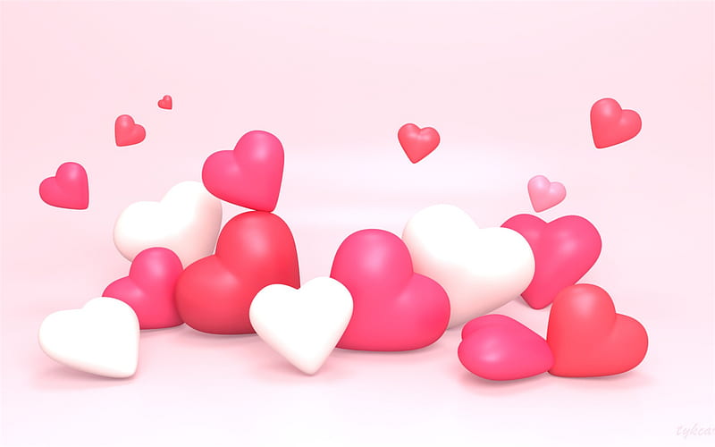 3d pink heart, 3d hearts background, Valentines Day, February 14th, white 3d hearts, pink romantic background, HD wallpaper