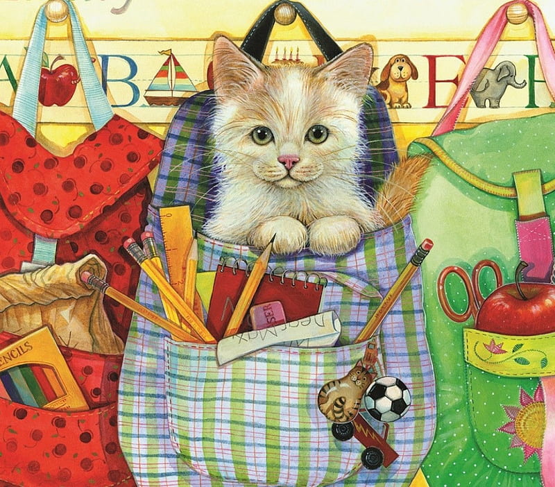 Playful Kitty, painting, utensils, artwork, baggage, HD wallpaper