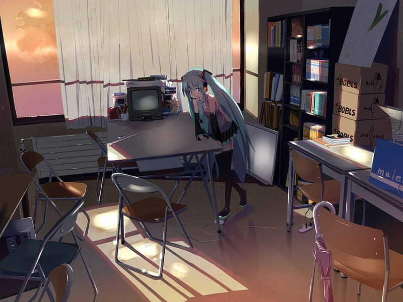 Hatsune Miku, vocaloid, table, window, books, miku, tie, cute, nice ...