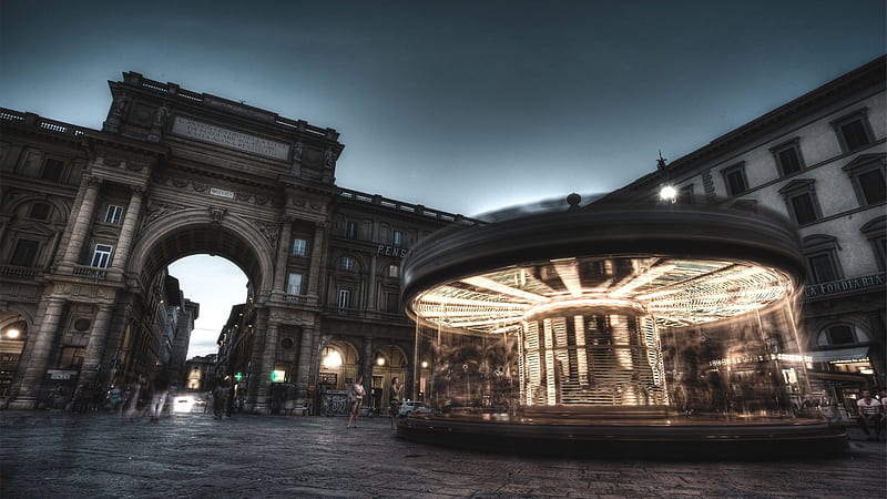 merry go round in florence at dusk, motion, city, square, merry go round, dusk, lights, HD wallpaper