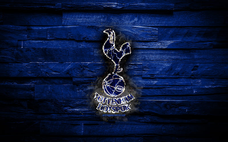 Tottenham Hotspur FC, fiery logo, blue wooden background, Premier League, english football club, FC Tottenham Hotspur, grunge, football, Tottenham Hotspur logo, fire texture, England, soccer, HD wallpaper