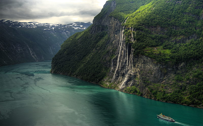 Geirangerfjord, mountain landscape, waterfall, Fjord, Sunnmore, Norway, HD wallpaper