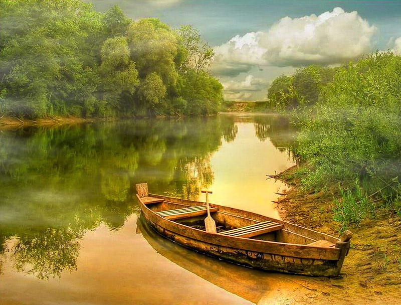 Lonely lake boat, riverbank, shore, bonito, mirrored, nice, calm, boat, green, river, morning, reflection, forgotten, tranquility, abandoned, lovely, clear, greenery, lonely, trees, lake, serenity, summer, crystal, island, nature, lakeshore, HD wallpaper