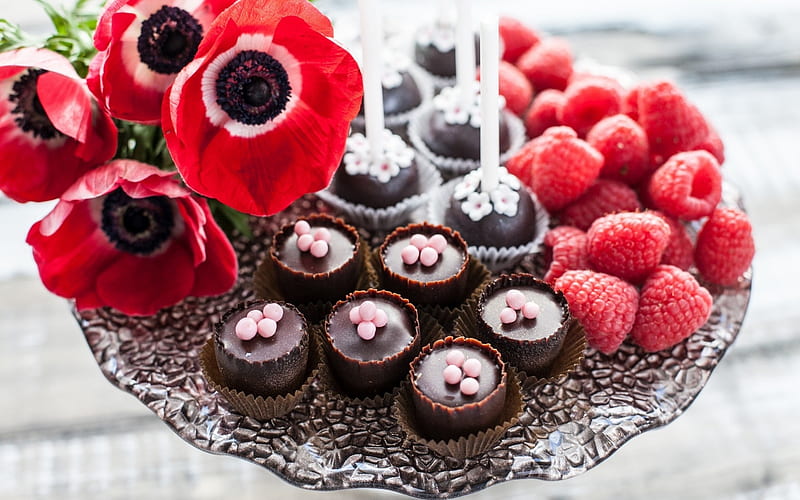 Chocolates and raspberries, red, food, chocolate, black, sweet, dessert, anemone, flower, raspberry, HD wallpaper