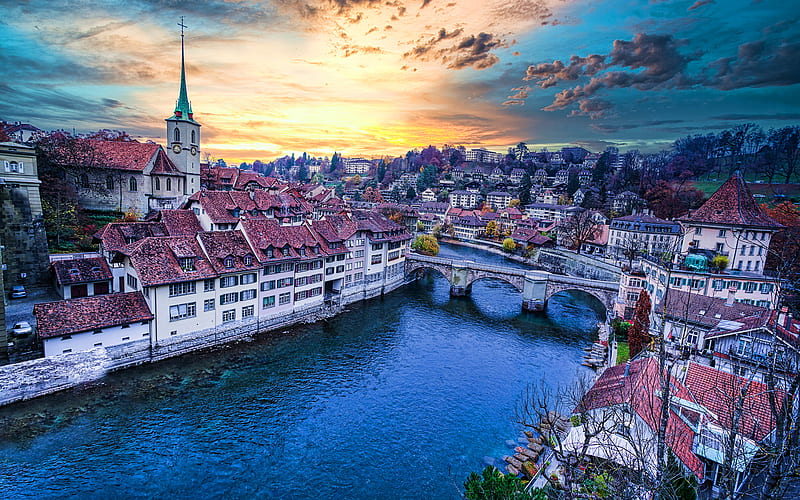 Aare River, sunset, Untertorbrucke bridge, swiss cities, Aar, Bern, Switzerland, Europe, HD wallpaper