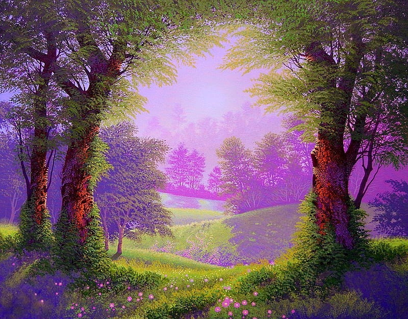 Lavender forest, forest, nature, lavender, tree, HD wallpaper