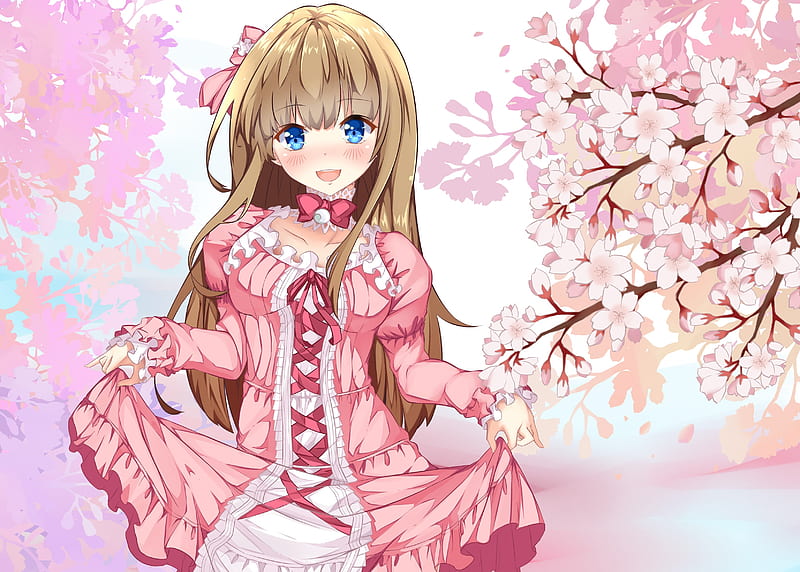 Anime girl, smiling, blue eyes, dress, manners, sakura blossom, lolita  fashion, HD wallpaper | Peakpx