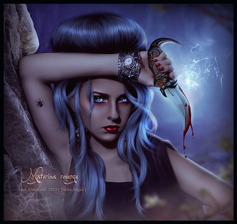 Mysterious Revenge, fantasy, model, sword, blue, blood, HD wallpaper