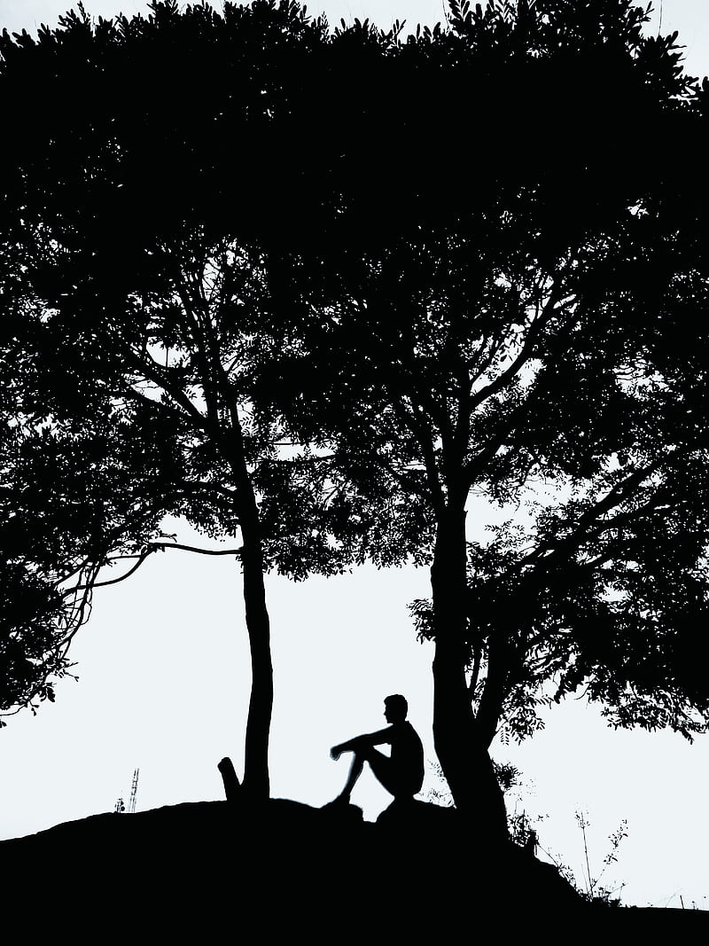 Alone boy, black and white, lonely, natural, nature, silhouette, thinking,  HD phone wallpaper | Peakpx