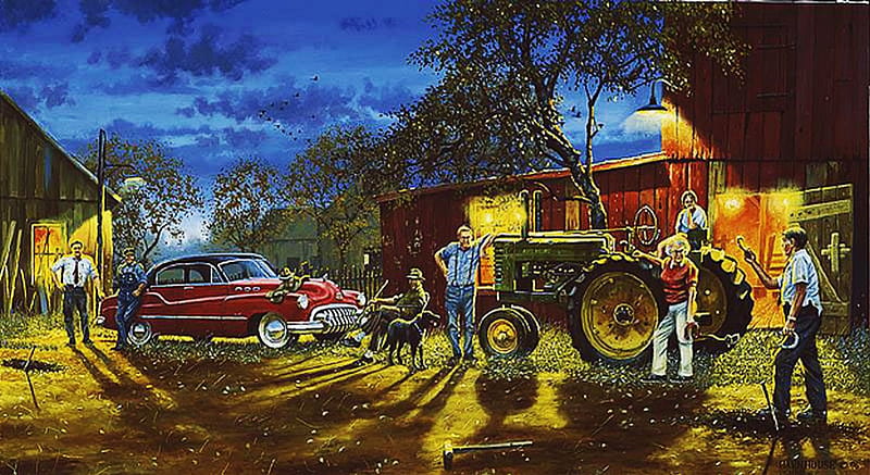 End of Working Day, farm, tractor, people, car, shed, artwork, dog, HD wallpaper