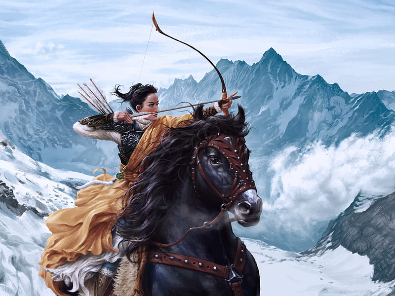 Mulan, art, fantasy, luminos, chalky nan, horse, archer, winter, girl, HD wallpaper