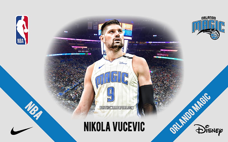 Nikola Vucevic, Orlando Magic, Montenegrin Basketball Player, NBA, portrait, USA, basketball, Amway Center, Orlando Magic logo, HD wallpaper
