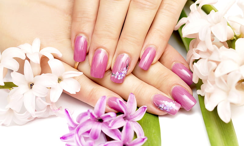 Pink nails, flower, hand, spring, nails, woman, pink, HD wallpaper