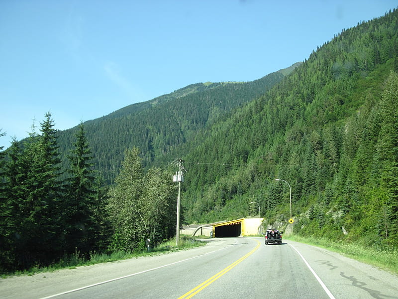 The Rockies mountains in BC - Canada 64, trees, sky, Mountains, graphy, roads, green, car, tunnel, blue, HD wallpaper
