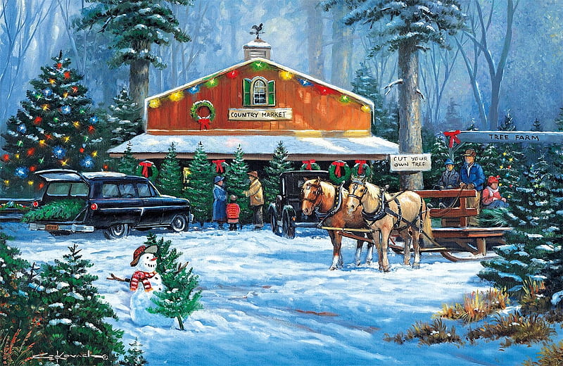 Days to Remember, snow, people, cart, christmas trees, snowman, market, winter, horses, painting, HD wallpaper
