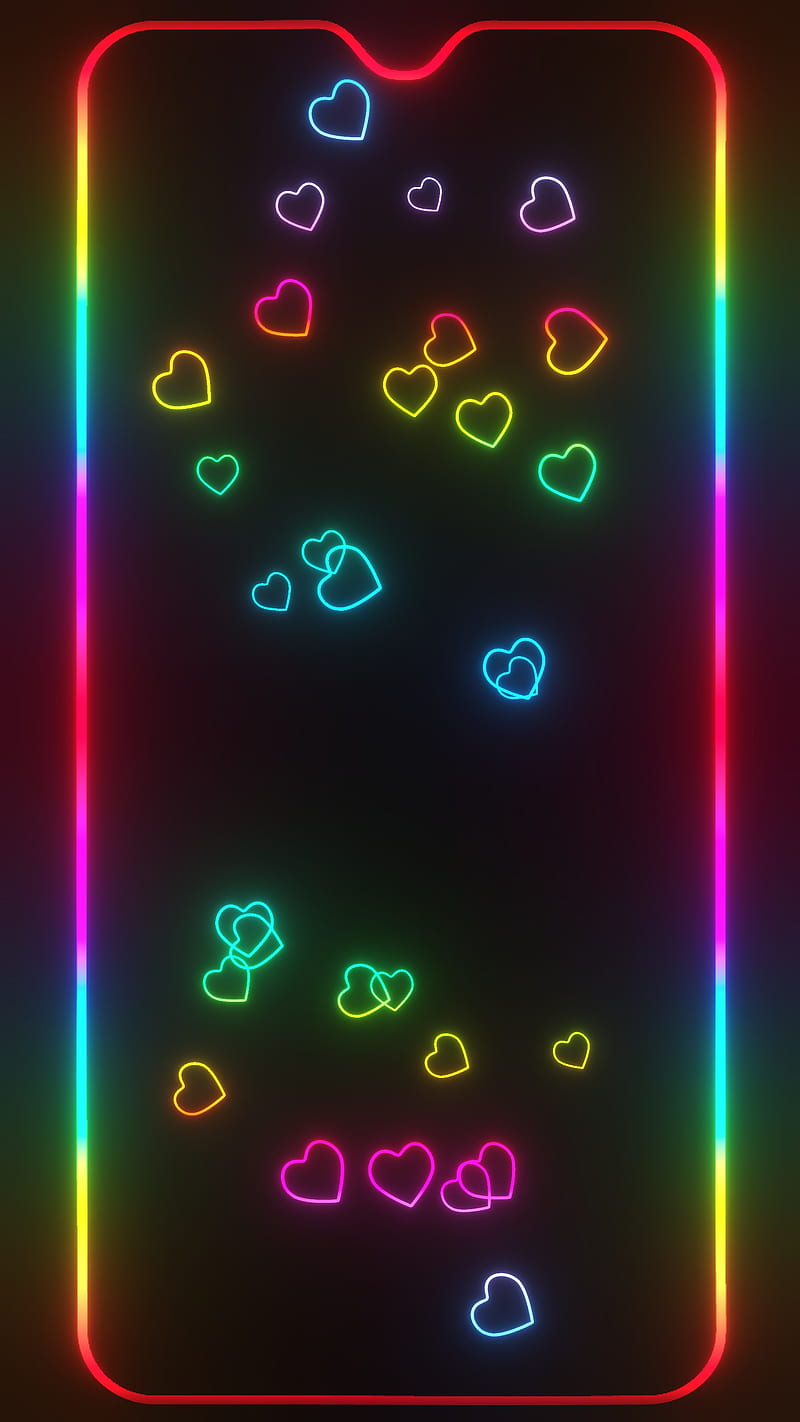 Hearts Rain Frame, amoled, black, border, neon, notch, one plus 6, oneplus, valentine, xiaomi, HD phone wallpaper