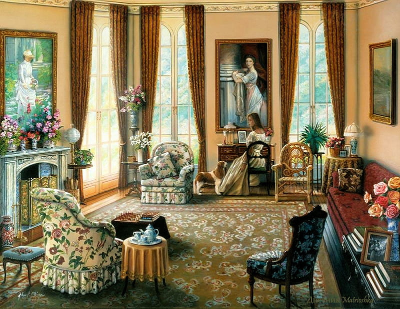 Vintage Room, window, woman, armchairs, painting, flowers, chimney, HD  wallpaper | Peakpx