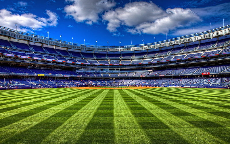 marvelous summer day at yankee stadium, pre game, seats, stadium, lawn, clouds, HD wallpaper