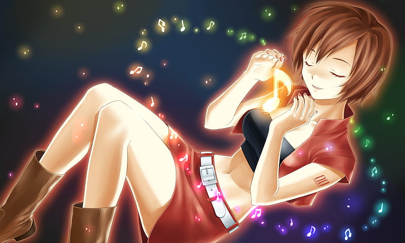 Meiko, pretty, colorful, glow, bonito, rainbow, thighhighs, nice, anime, beauty, vocaloids, vocaloid, brown hair, song note, music, music note, diva, cute, cool, song, girl, belt, awesome, virtual, idol, HD wallpaper