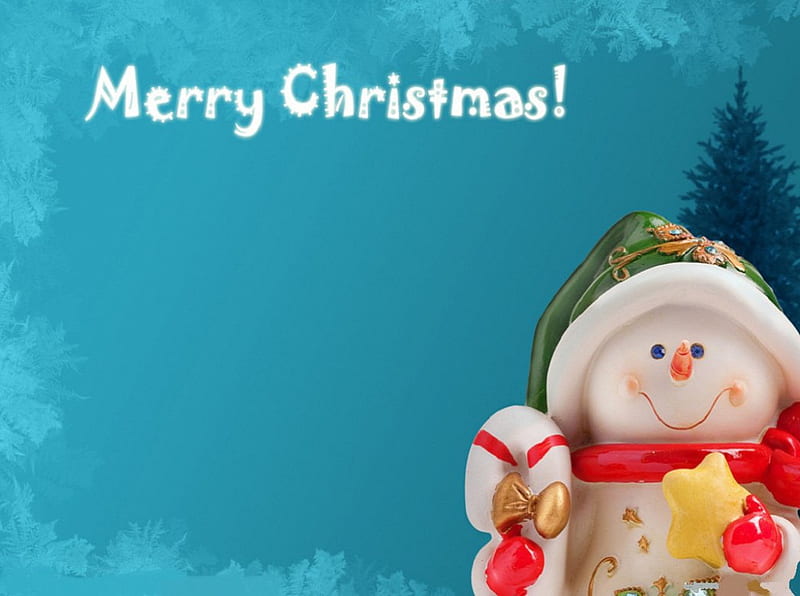Merry Christmas, peppermint, christmas, holiday, snowman, hat, tree, gloves, green hat, merry, snowflakes, scarf, candy cane, star, blue, HD wallpaper