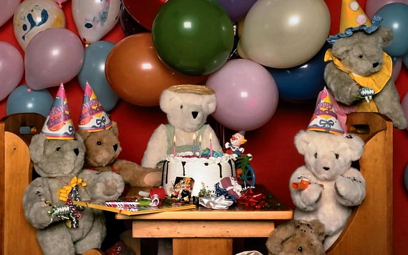 Teddy Bear Birtay Party 2, cake, celebration, partry, birtay, candles, graphy, balloons, wide screen, presents, occasion, HD wallpaper