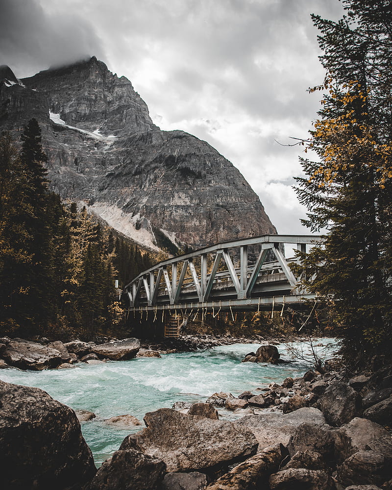 river, bridge, mountain, trees, stones, HD phone wallpaper