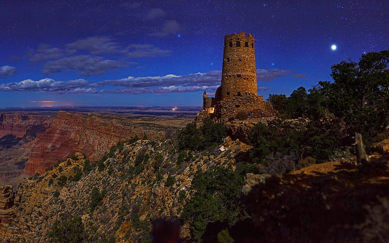 Watchtower in Grand Canyon, Mountains, Canyons, Sky, Architecture, Towers, Nature, HD wallpaper