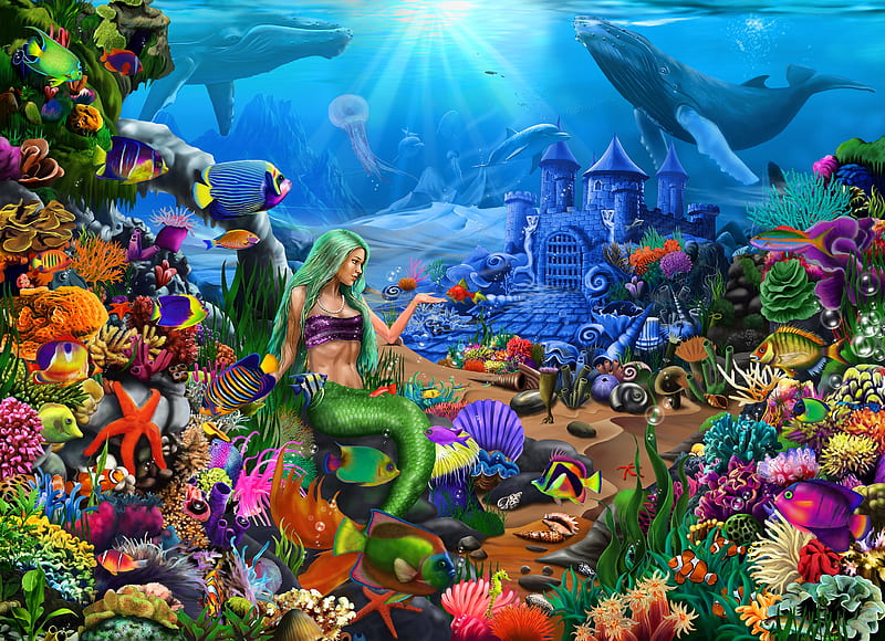 Mermaid, art, colorful, underwater, reef, fish, peste, coral, gmnartist, vara, fantasy, gerald newton, girl, summer, siren, blue, dolphin, HD wallpaper