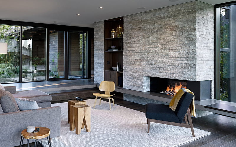 stylish living room, modern design, fireplace, large windows, stylish interior, living room, HD wallpaper