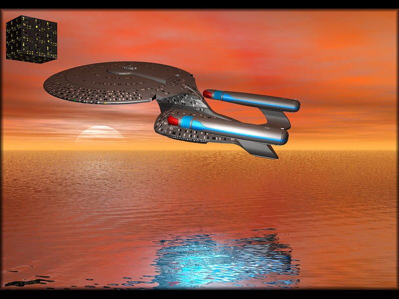 Borg On The Water, star trek, planet, ship, space, science fiction, scifi, enterprise, HD wallpaper