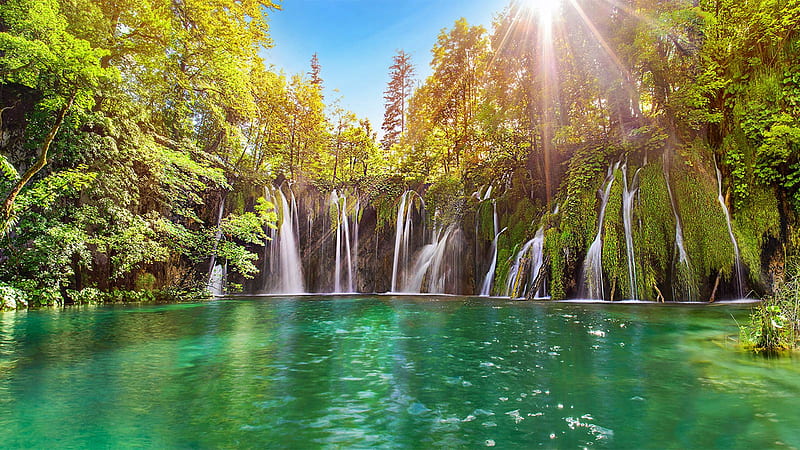 Waterfalls Near Trees Pouring On Body Of Water During Daytime In Plitvice Lakes National Park Nature, HD wallpaper