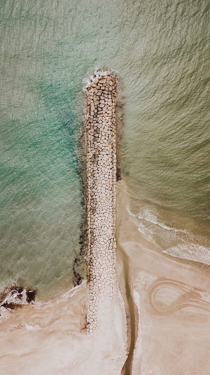breakwater, aerial view, sea, stones, beach, sand, HD phone wallpaper