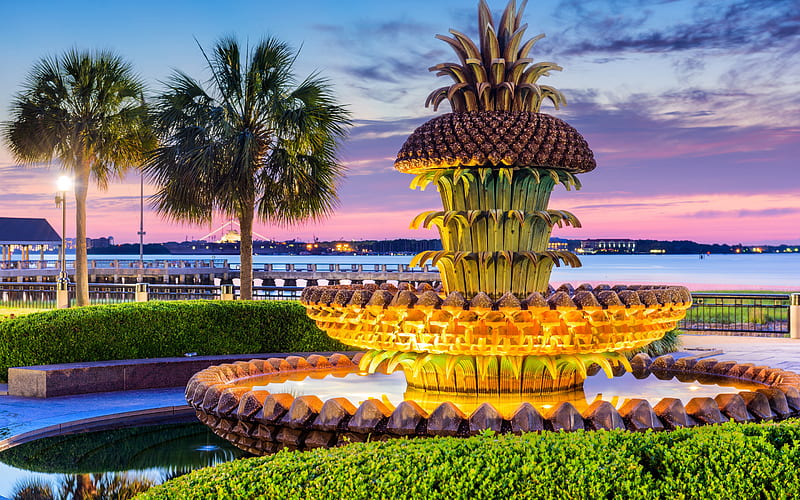 Pineapple Fountain, Charleston, South Carolina, USA, evening, palm trees, Fountain, HD wallpaper