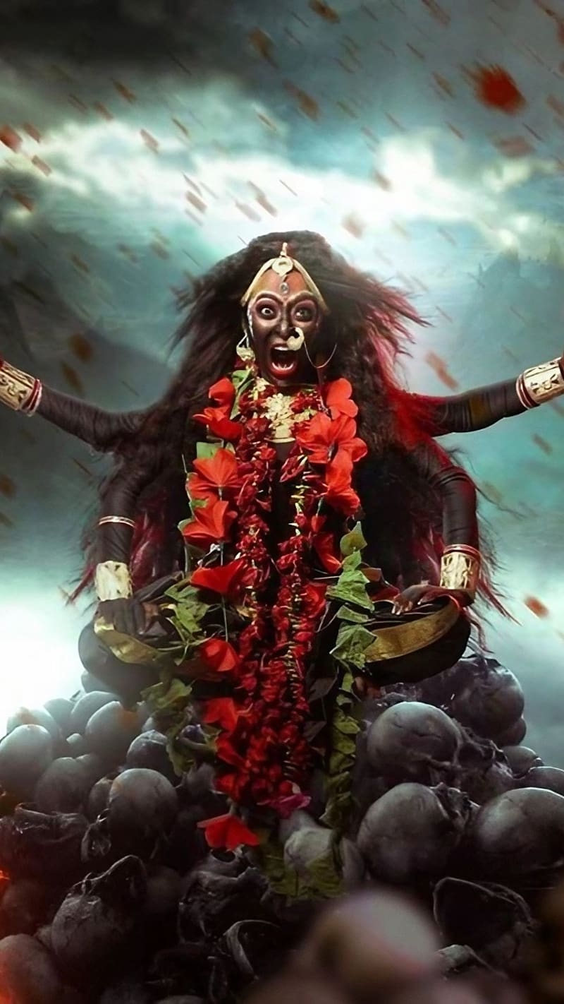 Kali Mata Ka, Sitting On Skull, maa kali sitting on skull, goddess, maa kali, HD phone wallpaper