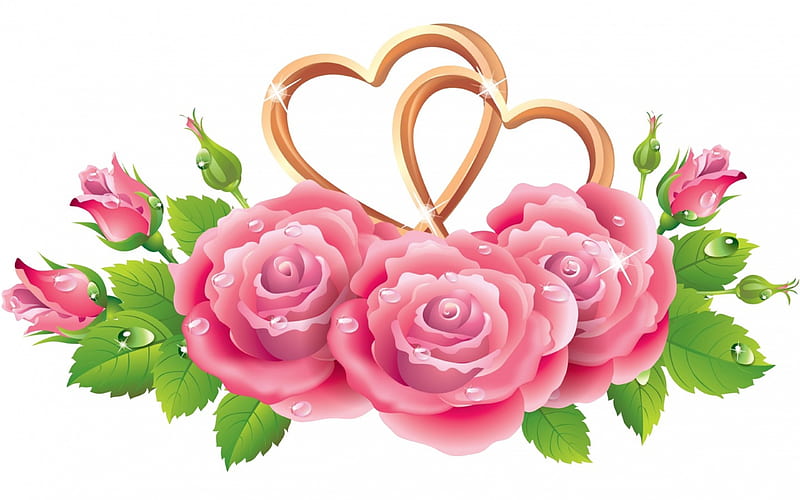 Happy Valentine's Day!, rose, golden, valentine, wedding, card, green, heart, flower, white, pink, HD wallpaper
