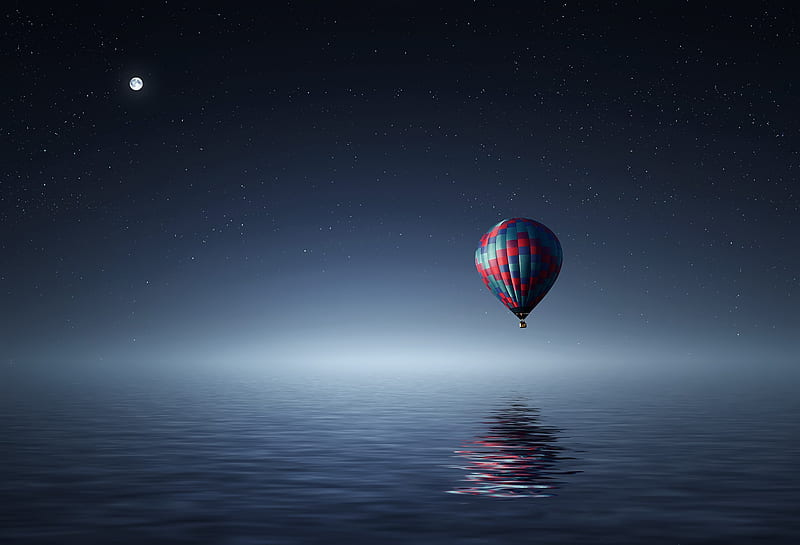 Red and Blue Hot Air Balloon Floating on Air on Body of Water during Night Time, HD wallpaper